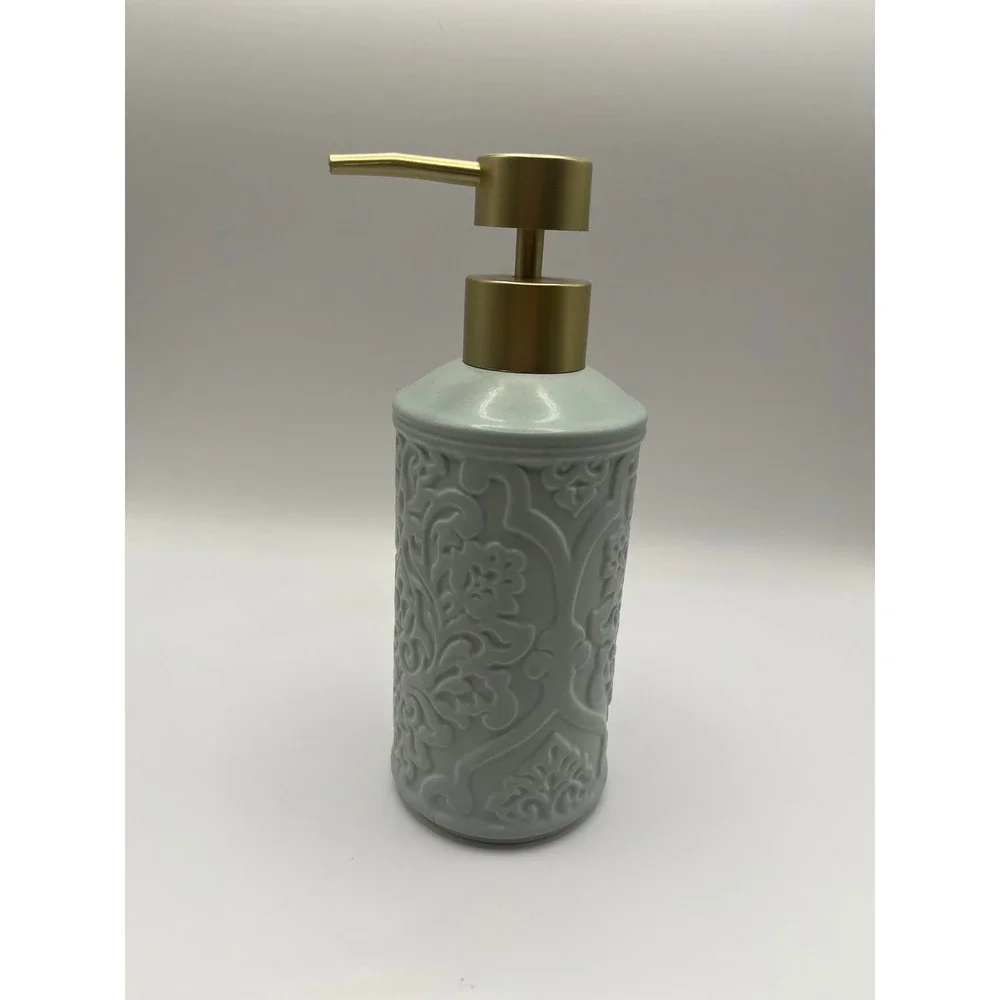 Mentari Seafoam Green Ceramic Lotion Dispenser Embossed Damask Gold Pump NEW